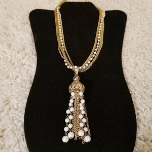 Vintage 4 strand Necklace with Tassle Gold White